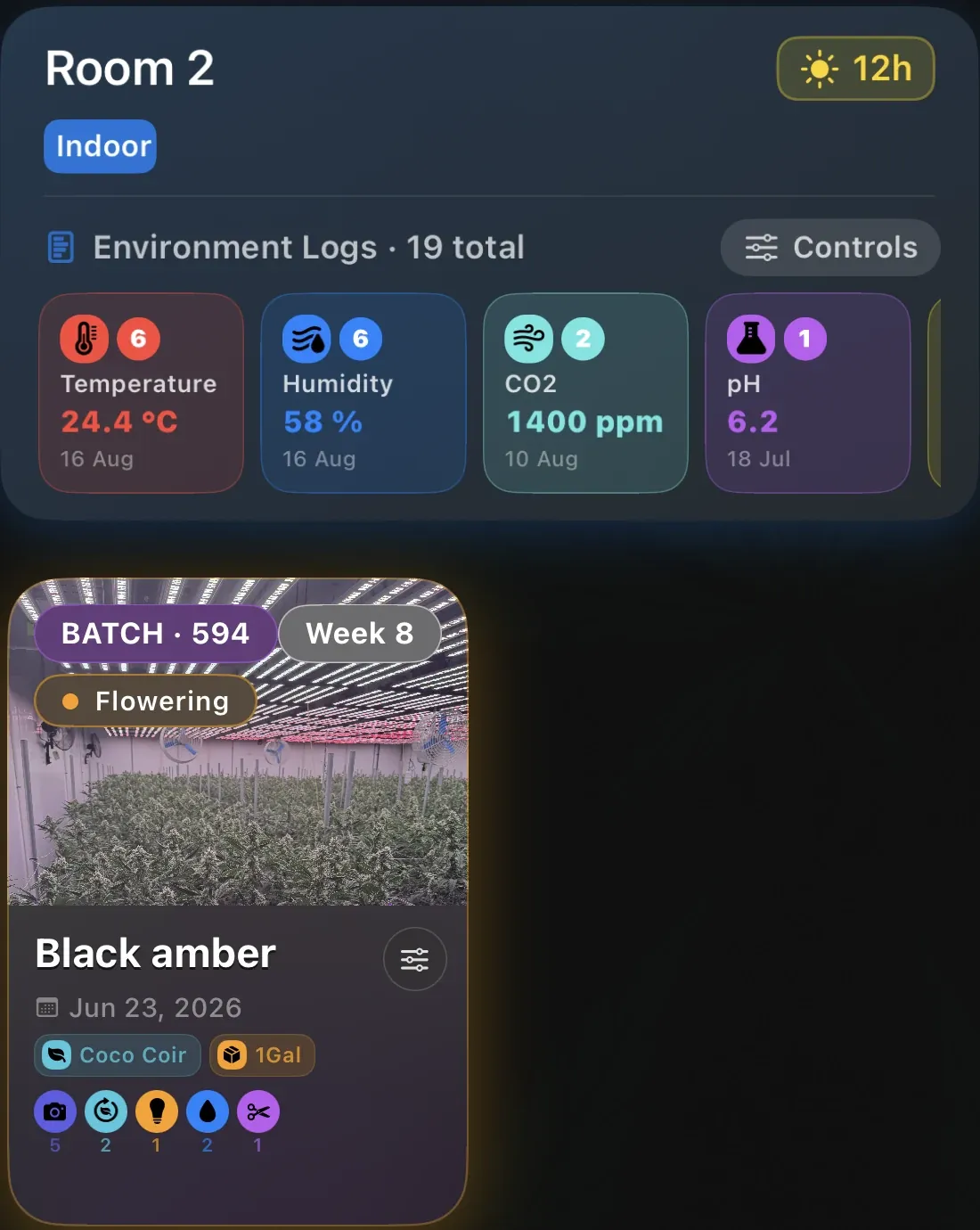Room with environment logs and a flowering batch