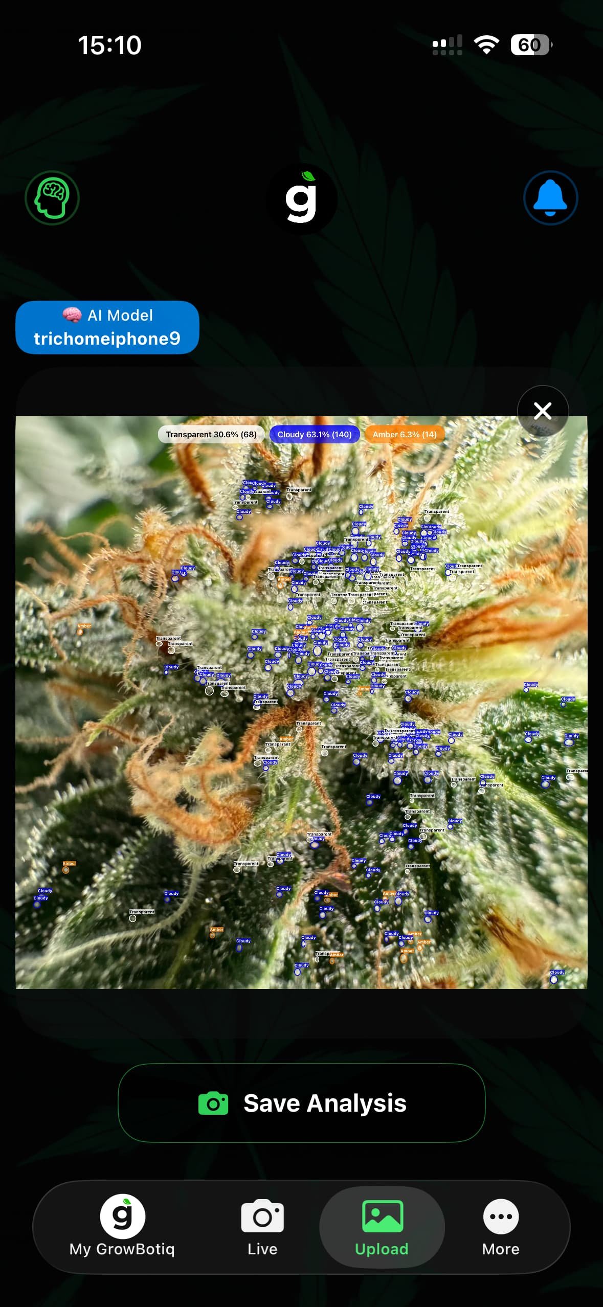 GrowBotiq Lab — trichome analysis result on iPhone