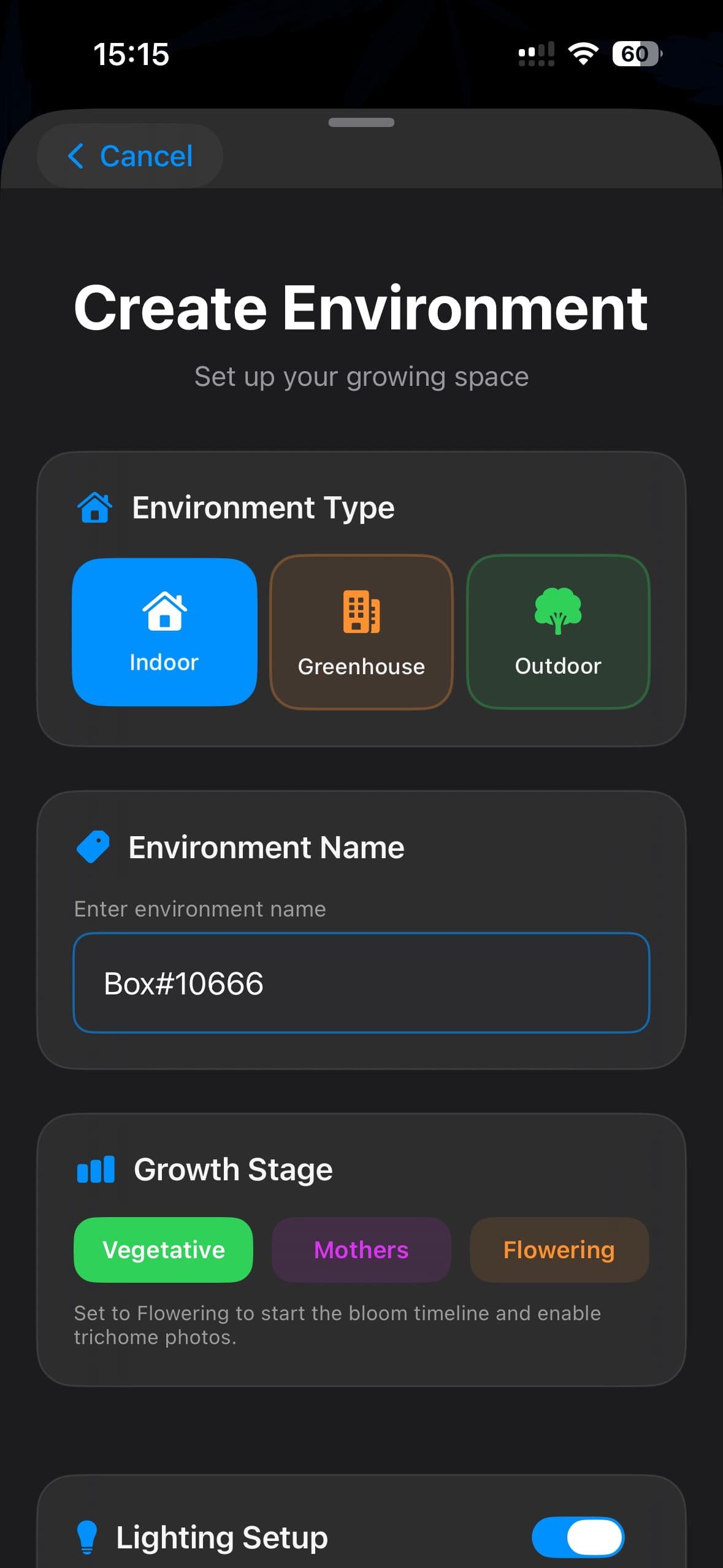 GrowBotiq Lab — creating a grow environment on iPhone