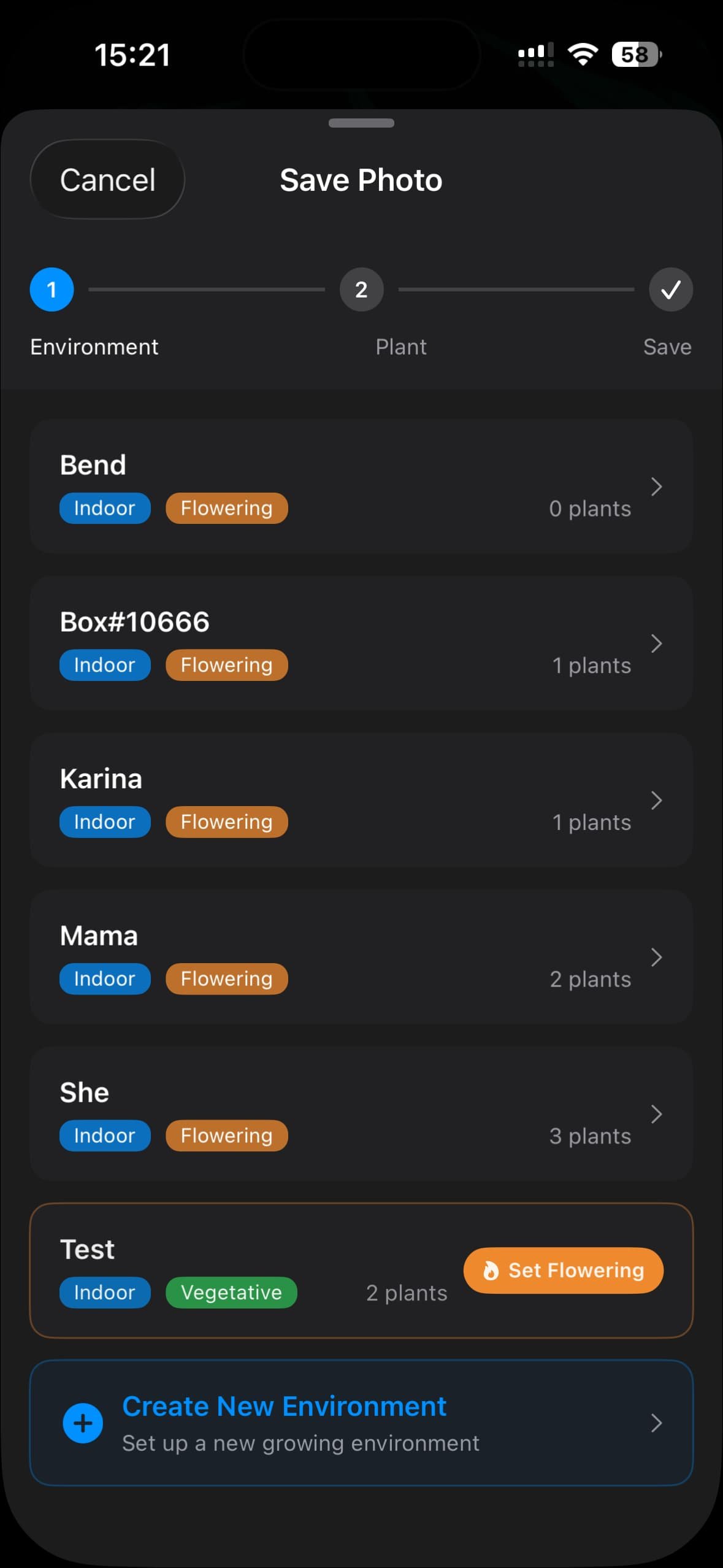GrowBotiq Lab — selecting an environment when saving an analysis