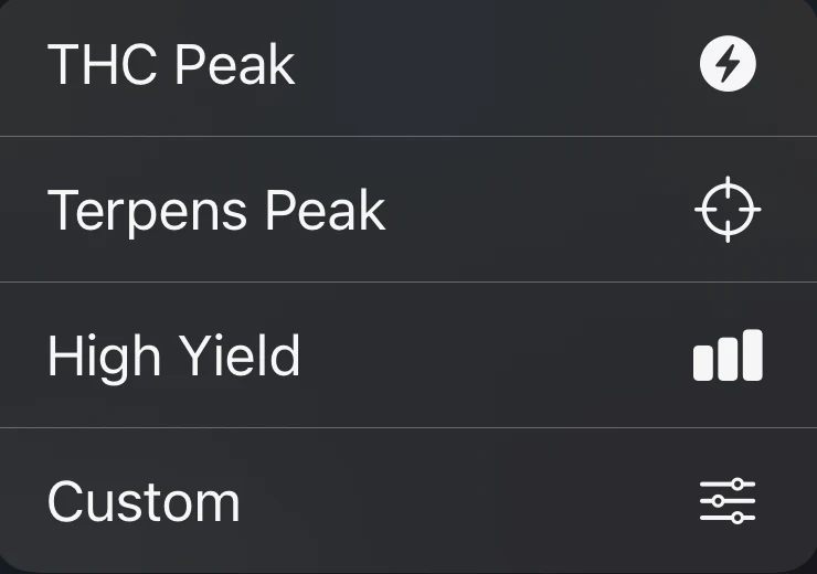 Harvest targets: THC Peak, Terpenes Peak, High Yield, Custom